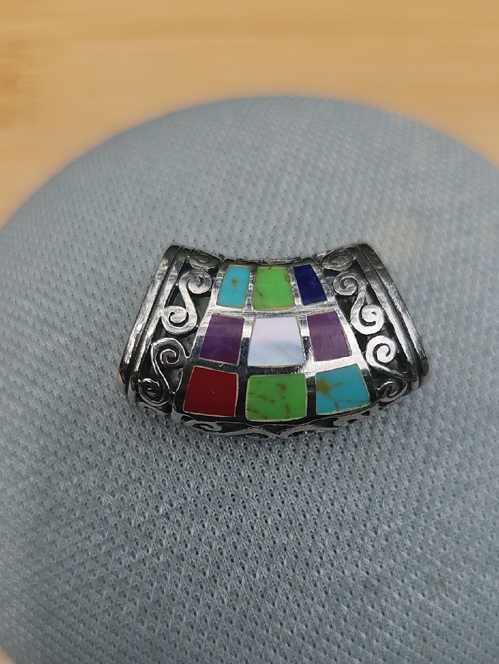 Sterling Silver Multicolor Inlay Curved Pendant - Women Jewelry